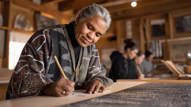 Indigenous Australian elder painting dot art symbols onto canvas while explaining Dreamtime stories to multicultural art students in gallery classroom, perfect for cultural education, traditional