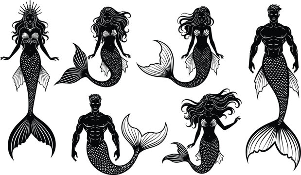 Silhouette illustration of mermaids and mermen in fantasy poses, mythical sea creatures, ocean mythology, aquatic folklore, vector art concept