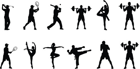 Fototapeta premium Silhouettes of athletes performing diverse sports activities including golf, tennis, baseball, boxing, martial arts, weightlifting, dance, gymnastics, and fitness training illustration