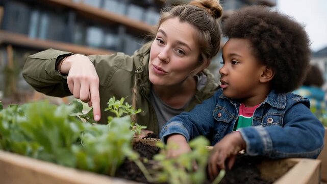 Interracial lesbian couple planting community garden with neighborhood children during Earth Day event, raised beds and compost bins in urban lot between buildings, perfect for environmental