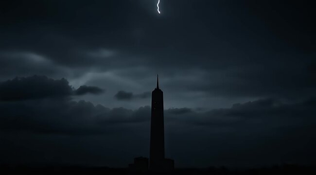 A vivid lightning bolt illuminates a tall, dark skyscraper against a stormy, cloudy night sky