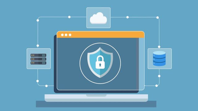 Flat animation of laptop with shield lock connected to cloud, server, and database icons representing cybersecurity, data protection, and secure network infrastructure.