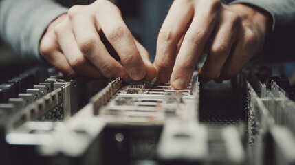 Fototapeta premium Hands performing production assembly durability test, steady repetitive motions, machinery hum, standardized components placed into chassis, final craftsmanship inspection, industrial lighting.