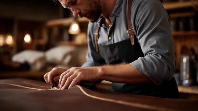 Leather craftsperson hand stitching premium goods using traditional saddle stitch technique in workshop with natural hide materials and brass hardware organized, perfect for artisan leather,