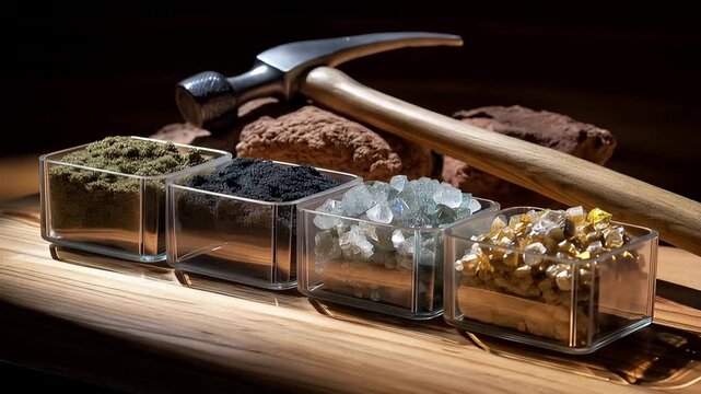 Lunar regolith simulant samples in transparent containers, varying grain sizes labeled with collection site coordinates, geology hammer and measurement tools nearby, perfect for Moon research