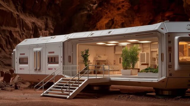 Mars habitat module cross-section model revealing living quarters sleeping pods hydroponic garden area, rusty red lighting effects illuminating miniature interior details on display platform, ideal