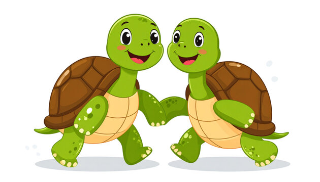 Two happy cartoon turtles walking together and holding hands in a friendly and cheerful manner Vector