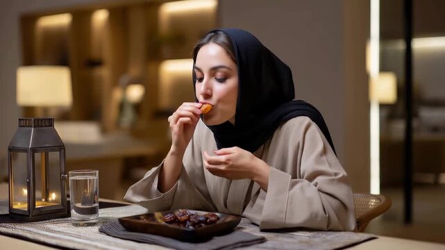 Muslim woman preparing dates and water on elegant table with prayer mat and lantern for iftar meal during Ramadan observance in warm home setting, perfect for religious practice, spiritual