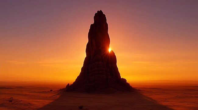Tall dark rock monolith in a vast desert landscape at sunset, vibrant orange-purple sky