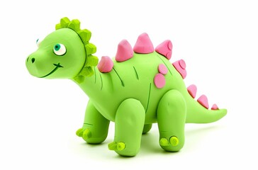 Fototapeta premium Cute green plasticine stegosaurus with pink dots isolated white background kids toy dinosaur creative