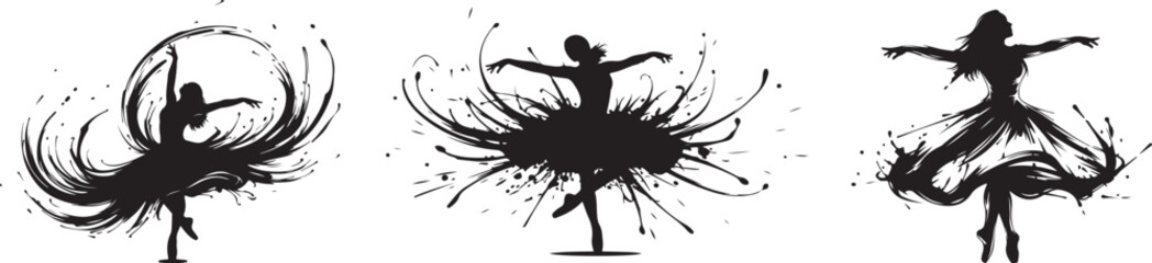 Fototapeta premium Graceful Ballet Dancer Silhouette Set with Artistic Splatter and Motion Lines