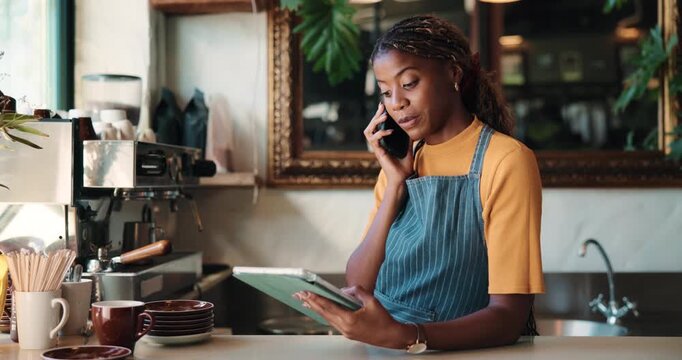 Phone call, chat or woman in cafe with tablet, inventory management or negotiation with supplier. Happy, networking or black owner with tech, stock checklist or vendor coordination in restaurant.
