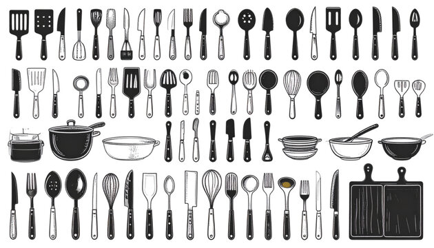 Comprehensive collection of hand drawn kitchen utensil icons featuring various cooking tools Vector