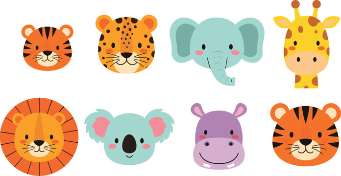 Cute animal faces collection with tiger, lion, elephant, giraffe and hippo, colorful cartoon safari vector characters set