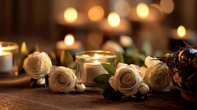 Christmas cana romantic or memorial setting featuring lit candles and white roses, often used to create a serene, reflective, or affectionate atmospheredle with rose and tree decoration