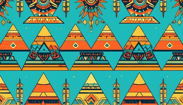 Colorful Aztec Tribal Pattern with Geometric Pyramids and Sun Symbols on Turquoise Background for Bohemian Textile and Fabric Backdrop