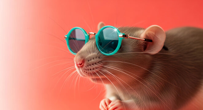 Close-up of a brown rat wearing turquoise sunglasses against a coral gradient background, representing pet, humor, or unusual fashion statement
