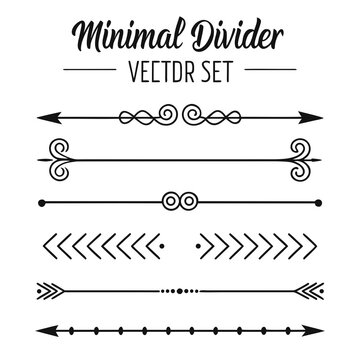 Minimal divider vector set with black line separators including arrows scroll ornaments circles and dashed pattern elements for website design use