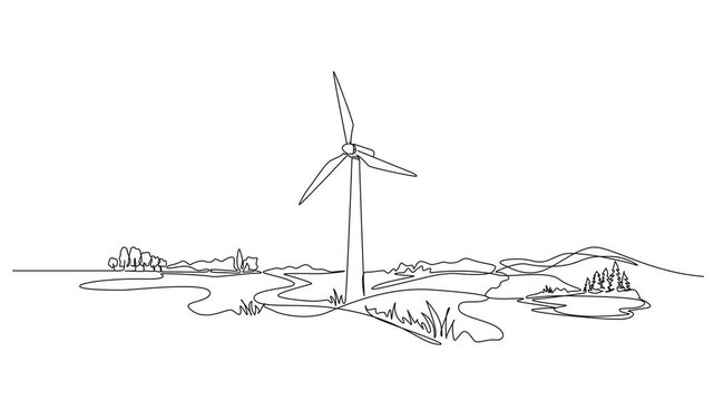 animated continuous line drawing of wind turbine in countryside, line art animation