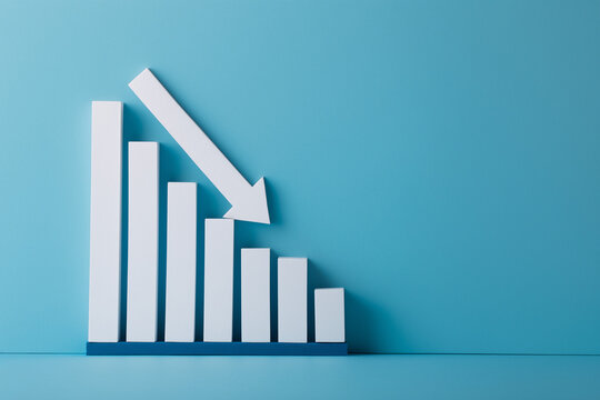 Ilustra&ccedil;&atilde;o conceitual apresenta gr&aacute;fico em queda simbolizando retra&ccedil;&atilde;o econ&ocirc;mica, perdas financeiras, crise de mercado e desempenho negativo nos neg&oacute;cios.
