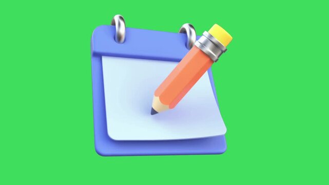 3D blue notebook icon with a pencil writing on green screen