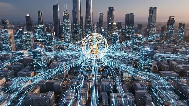 A dazzling technological nexus pulses with data streams above a futuristic city, representing connectivity and urban functionality