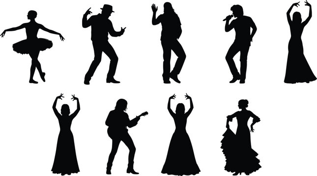 Set of performer silhouettes, ballet dancer, flamenco artist, guitarist, singer with microphone, and diverse stage actors, performing arts vector illustration collection.