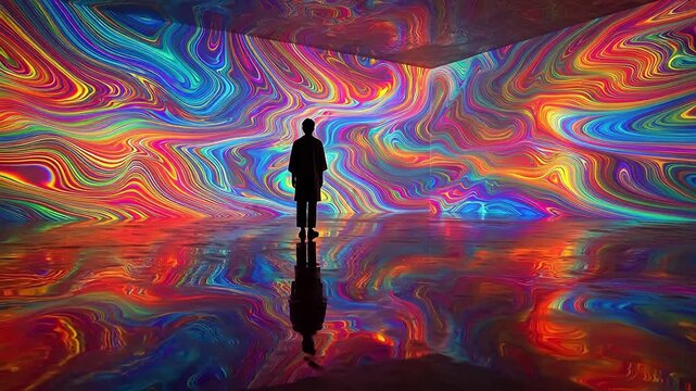 Person standing in colorful abstract room