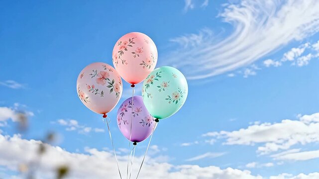 Colorful floral balloons in sky