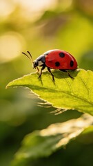 Fototapeta premium Ladybug on leaf, red insect with black spots