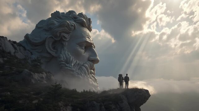 A large statue of Zeus stands on a cliff while two people admire it during sunrise in a beautiful landscape with clouds