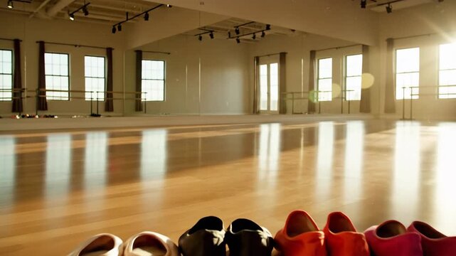 Ballet Shoes Lined Up In Empty Dance Studio.