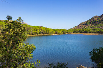 Naklejka premium Scenic lagoon landscape with clear blue water in Oasi Biderosa, Sardinia