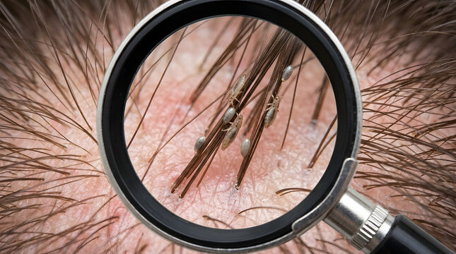Close up view of human hair infested with head lice and nits seen through a magnifying glass.