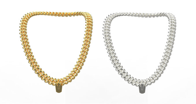 Shiny gold and silver Cuban link chain necklace. Golden metal cuban chain necklace isolated on transparent background. Png transparency