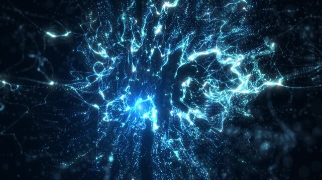 Blue electric energy explosion with glowing particles and lightning lines forming a dynamic plasma burst, creating a futuristic sci-fi power background.