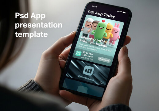 Presentation of App in online store mockup with editable text and images.