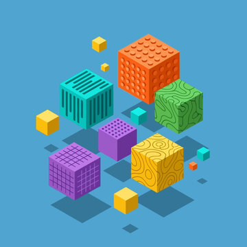 Isometric illustration of colorful textured cubes floating against a vibrant blue background.