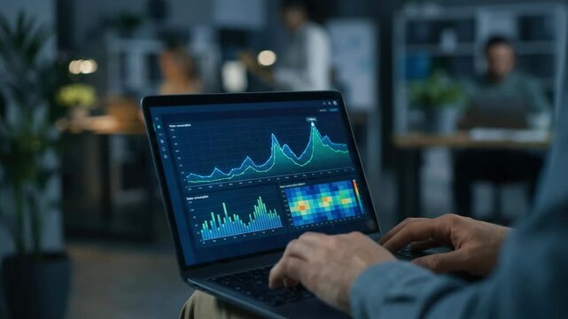 Focused view on a team member reviewing water usage reports on a laptop highlighting detailed graphs while the background remains softly out of focus.
