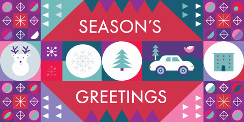 Festive season s greetings card with winter illustrations and geometric patterns © Mamata