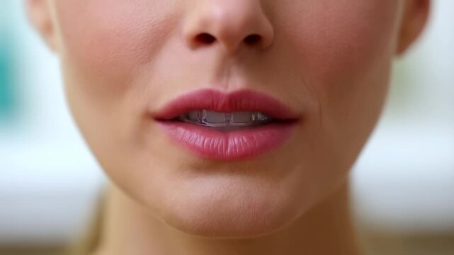 Woman using clear aligner for teeth alignment and improved smile