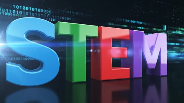 3D STEM Logo Animation with Binary Code Background and Lens Flare