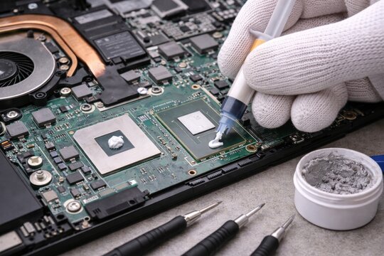 Applying Thermal Paste to Laptop Processor. Technician applying fresh thermal paste on laptop CPU and GPU chips during maintenance and cooling system repair.