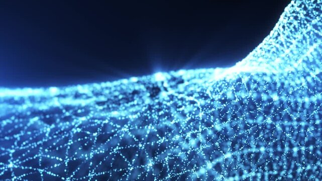 Blue glowing particle wave forming a digital data landscape with connected dots and flowing network lines, creating a futuristic technology background.