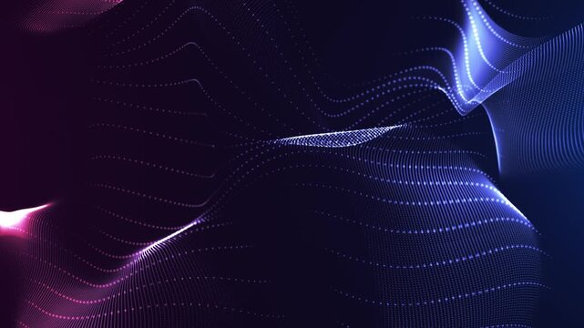 Abstract flowing wave of glowing dots and lines in blue and purple colors, forming a futuristic digital data landscape with smooth motion.