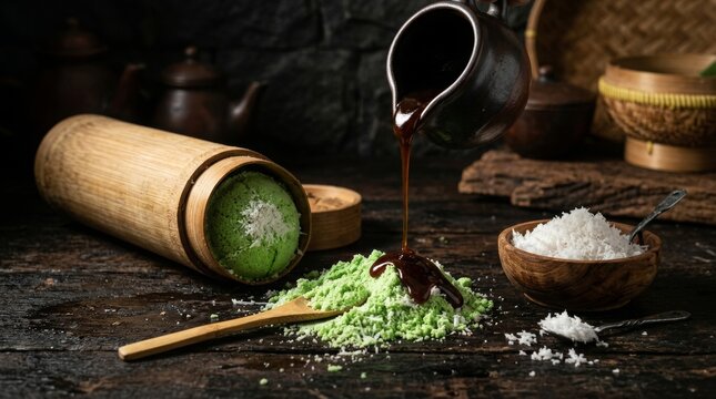 Kue Putu Dessert Presentation with Palm Sugar Syrup Drizzle