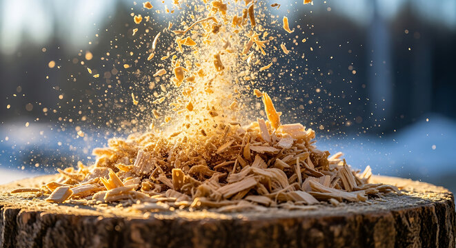 wood shavings and sawdust scattering on a tree stump illuminated by golden sunlight highlighting natural textures and craftsmanship.