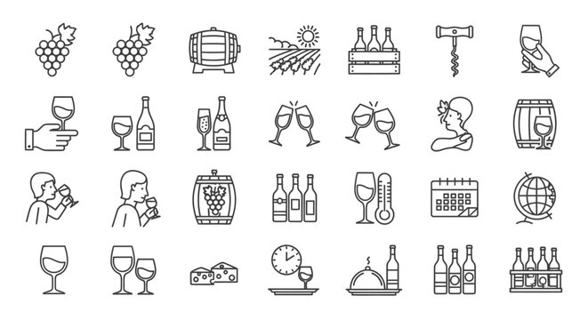 wine icons set illustrating winemaking wine tasting and culture in modern line art perfect for menus and web design.