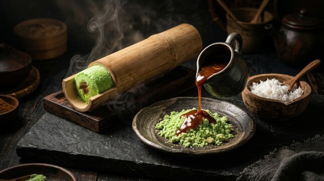 Kue Putu Gula Merah Deconstructed: Green Cake with Coconut and Syrup Pour