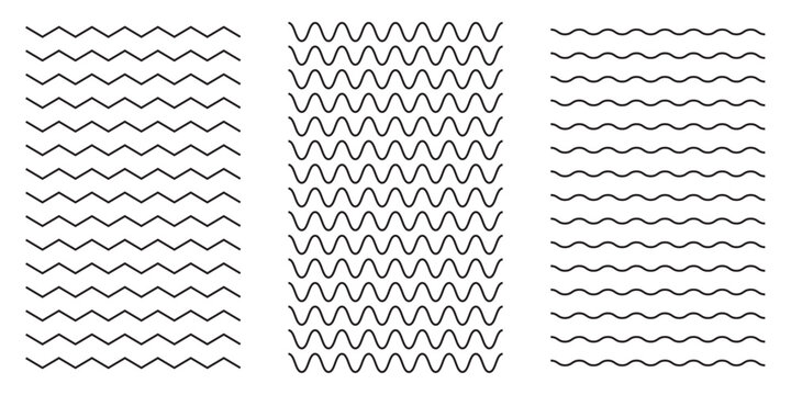 Wavy lines pattern vector element, wave ripple thin line strokes simple zigzag texture set, stream zig zag background backdrop image clip graphic illustration